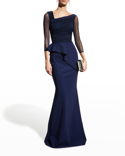 Shop Chiara Boni La Petite Robe Rippy Asymmetrical 3/4-sleeve Illusion Gown In Blu Notte