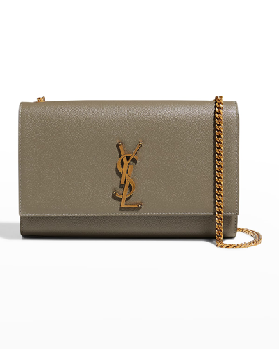 Shop Saint Laurent Kate Monogram Ysl Medium Grain De Poudre Chain Bag In Grey Khaki