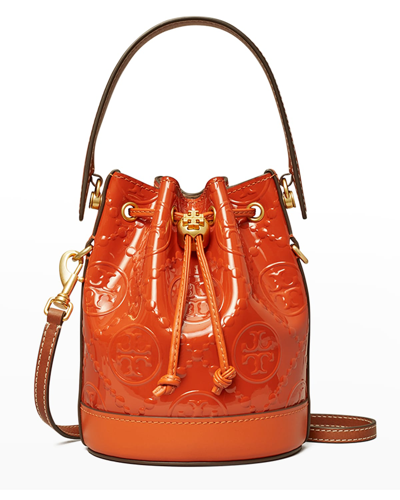 Shop Tory Burch Mini T Monogram Patent Embossed Bucket Bag In Spring Spice
