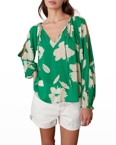Shop Velvet Vikki Split-sleeve Printed Cotton Blouse In Green