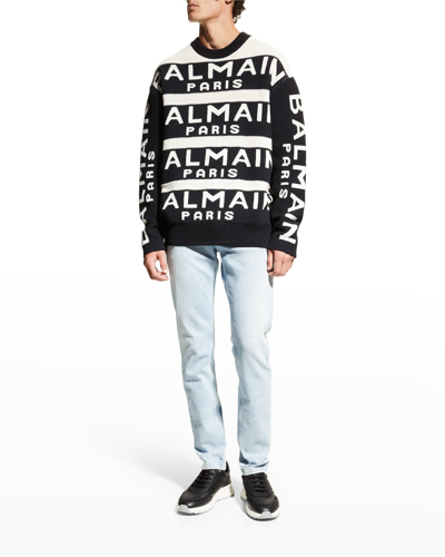 Shop Balmain Men's Wool-knit Logo Crewneck Sweater In Black/natural