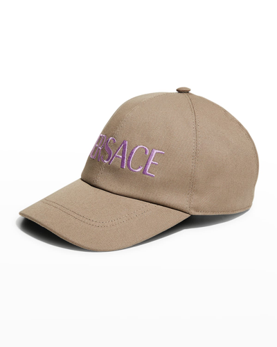 Shop Versace Logo Cotton Baseball Cap In Beige Liatris