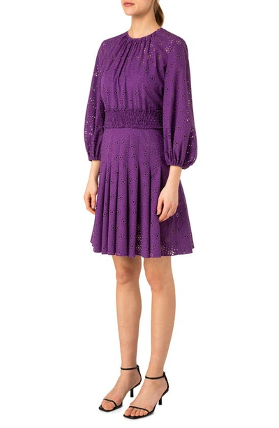 Shop Akris Punto Embroidered Eyelet Long Sleeve Dress In Purple