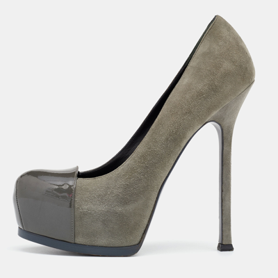 Pre-owned Saint Laurent Grey Suede And Patent Leather Tribtoo Platform Pumps Size 38