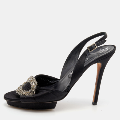 Pre-owned Gina Black Satin Crystal Embellished Slingback Sandals Size 39
