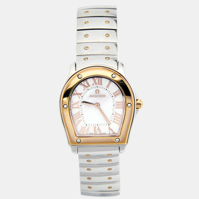 Pre-owned Aigner Mother Of Pearl Two Tone Stainless Steel Signa 105200 Women's Wristwatch 33 Mm. In White