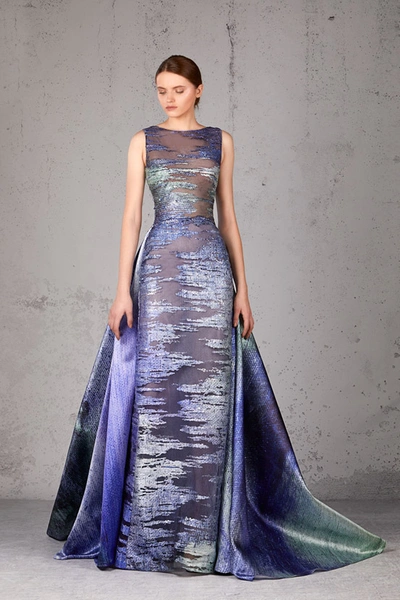 Shop Jean Fares Couture Column Gown With Draped Train
