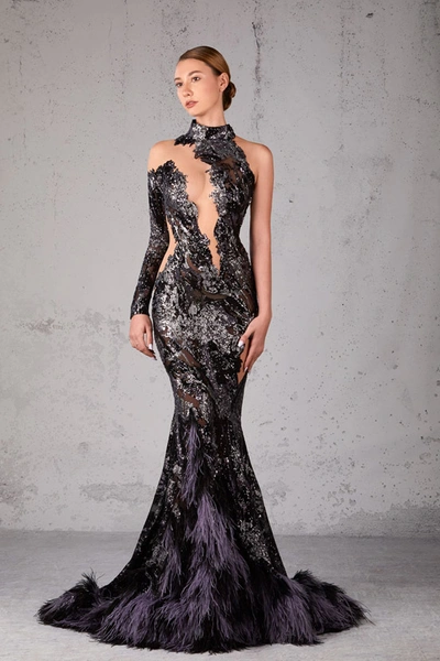 Shop Jean Fares Couture Feathered Embellished Mermaid Gown