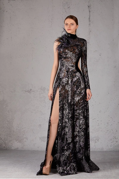 Shop Jean Fares Couture High Neck Feather Embellished Slit Gown