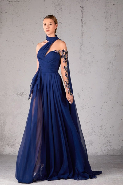 Shop Jean Fares Couture Pleated Embellished Sleeve Gown