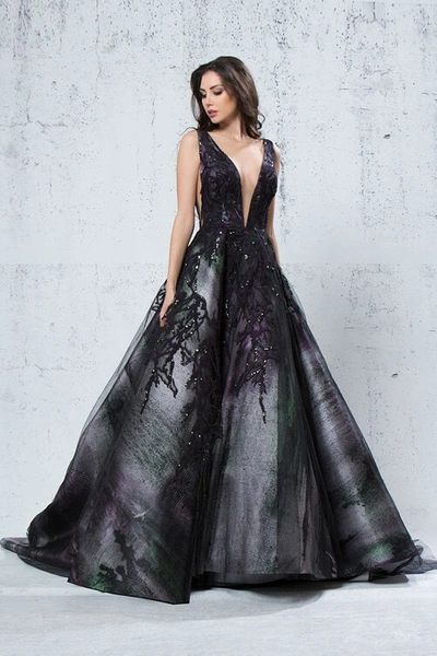Shop Jean Fares Couture Plunging Neck Ball Gown