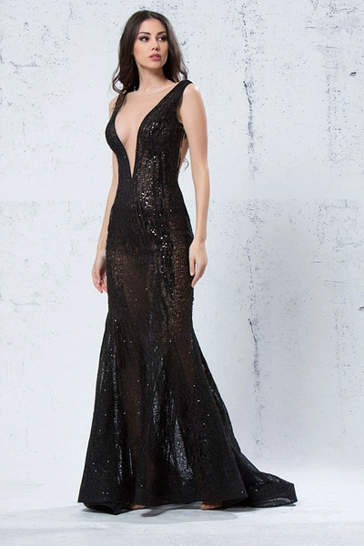 Shop Jean Fares Couture Plunging Neck Embellished Gown