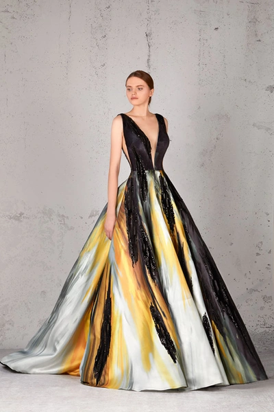 Shop Jean Fares Couture Plunging Neck Embellished Ball Gown