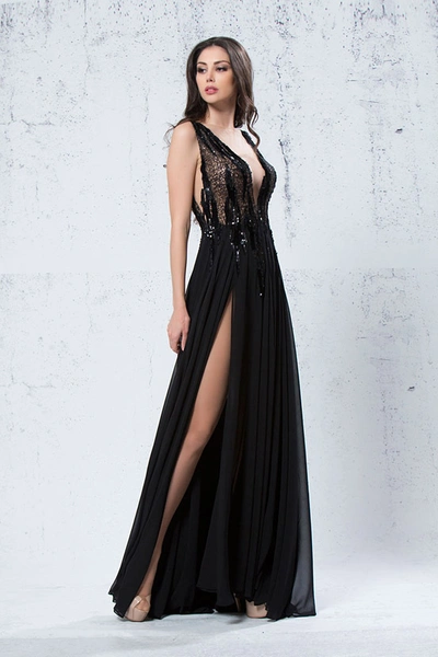 Shop Jean Fares Couture Sleeveless Embellished Bodice Slit Gown