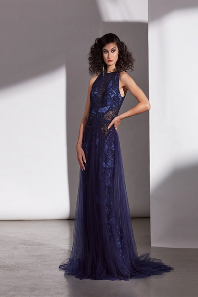 Shop Tadashi Shoji Lace Patchwork Illusion Gown