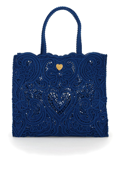 Shop Dolce & Gabbana Beatrice Large Tote Bag Cordonetto Lace In Blue