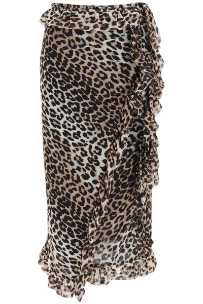 Shop Ganni Leopard Print Mesh Midi Skirt In Mixed Colours