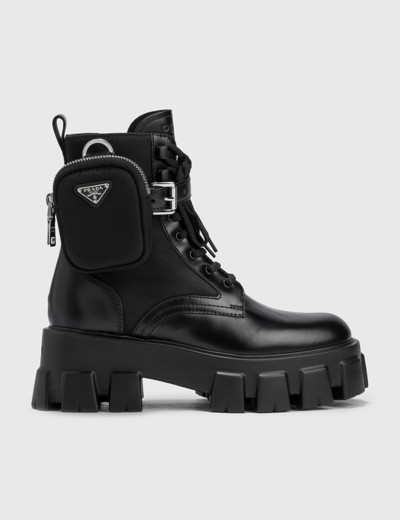 Shop Prada Monolith Leather And Nylon Fabric Boots In Black
