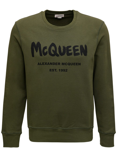 Shop Alexander Mcqueen Long Sleeves Green Cotton T-shirt With Logo Print