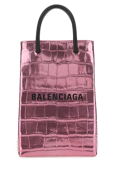 Shop Balenciaga Logo Printed Mini Shopping Bag In Pink Black