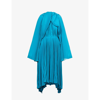 Shop Balenciaga Knotted Drape Pleated Woven Midi Dress In Petrol Blue