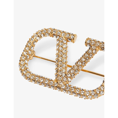 Shop Valentino Garavani Women's Multi-coloured Vlogo Crystal-embellished Brass Brooch In Oro Crystal Silver Shade