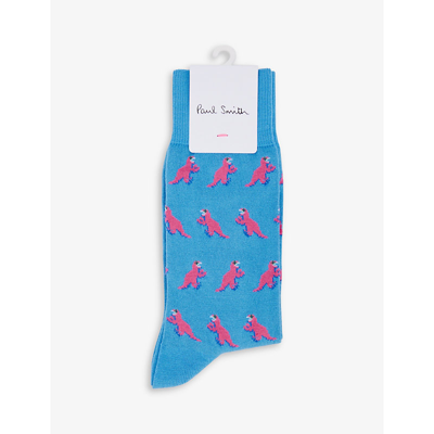 Shop Paul Smith Dino-print Stretch-cotton Blend Socks In Turquoise