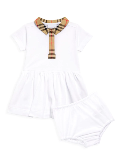 Shop Burberry Baby Girl's Tavi Check Trim Cotton Dress & Bloomers Set In White
