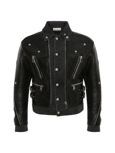 Shop Alexander Mcqueen Men's Layered Leather Biker Jacket In Black Silver