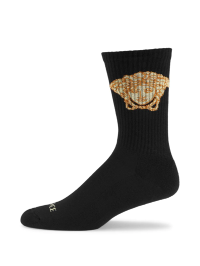 Shop Versace Men's Medusa Logo Cotton-blend Socks In Black Gold