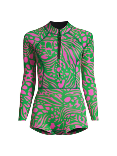 Shop Cynthia Rowley Women's Animal Print Short Wetsuit In Green Multi