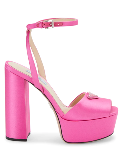 Shop Prada Women's Logo Satin Platform Ankle-strap Sandals In Begonia