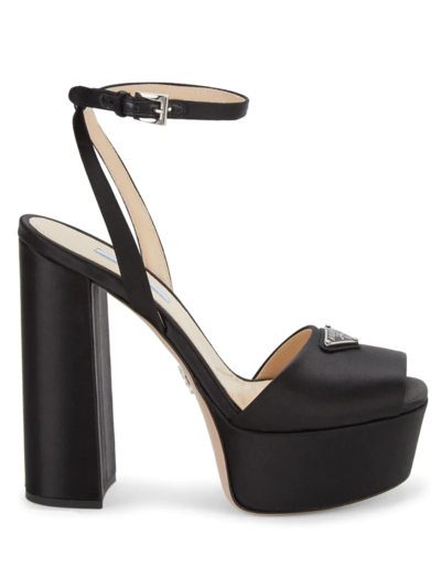 Prada Logo Satin Platform Ankle strap Sandals In Black ModeSens
