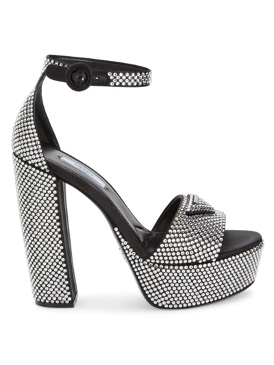 Shop Prada Women's Logo Crystal-embellished Platform Ankle-strap Sandals In Cristal