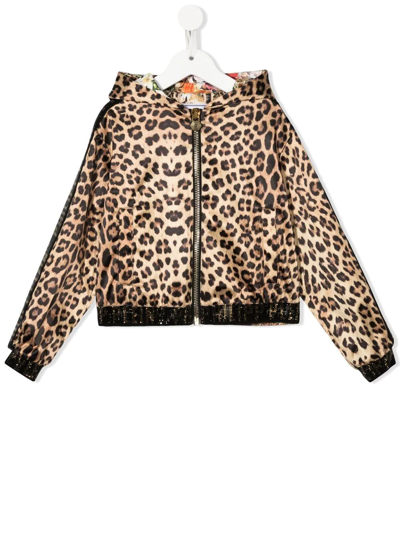 Shop Philipp Plein Junior Leopard-print Zip-up Hooded Jacket In Neutrals