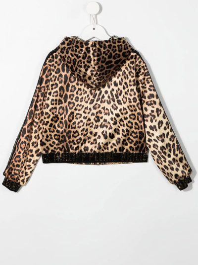 Philipp Plein Junior Leopard-print Zip-up Hooded Jacket In Neutrals