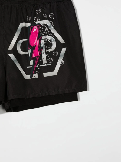 Philipp Plein Junior Logo-print Layered Swimshorts In Black