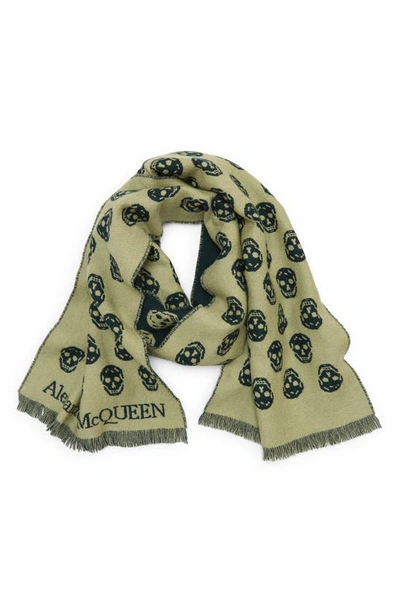 Shop Alexander Mcqueen Skull Wool Scarf In Khaki/ Dark Grey