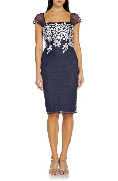 Shop Adrianna Papell Metallic Floral Embroidered Cocktail Sheath Dress In Navy/ Ivory