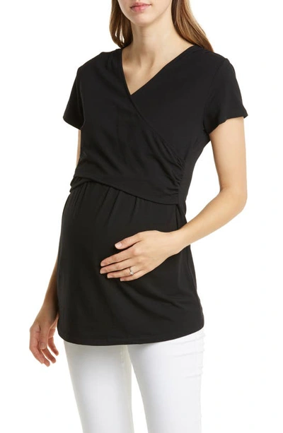 Shop Angel Maternity Crossover Short Sleeve Maternity/nursing Top In Black