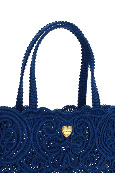 Shop Dolce & Gabbana Beatrice Large Tote Bag Cordonetto Lace In Blue