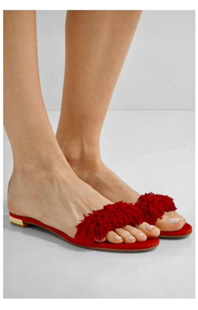 Pre-owned Aquazzura Wild Thing Flat Fringe Sandals In Lipstick, Size 41.  . In Red