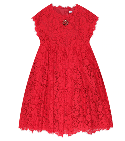 Shop Dolce & Gabbana Embellished Lace Dress In Rosso Brillante