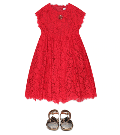 Shop Dolce & Gabbana Embellished Lace Dress In Rosso Brillante