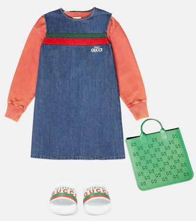 Shop Gucci Web Stripe Denim Dress In Blue/mix