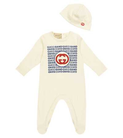 Shop Gucci Baby Interlocking G Cotton Onesie And Hat Set In Sunkissed/mc