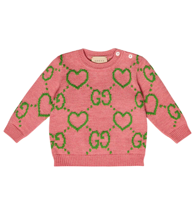 Shop Gucci Baby Gg Intarsia Sweater In Dk Rose/grass Green