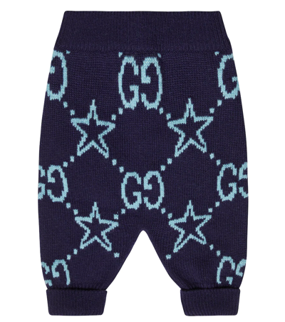 Shop Gucci Baby Gg Intarsia Wool Pants In Navy/baby Blue