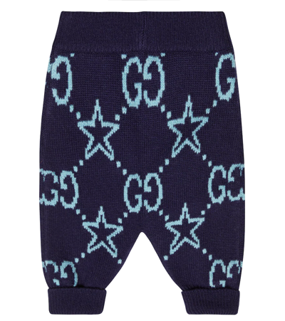 Shop Gucci Baby Gg Intarsia Wool Pants In Navy/baby Blue