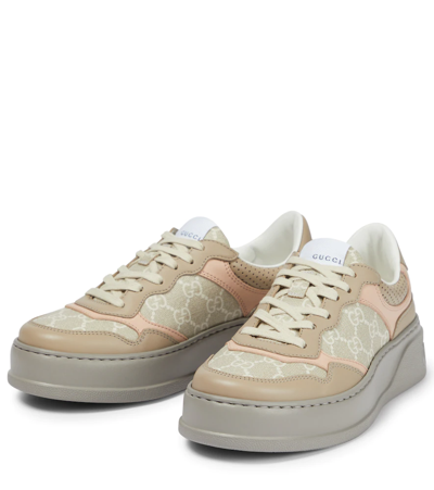 Shop Gucci Gg Leather-trimmed Sneakers In Oat/be-m.wh/s.ro/o/o